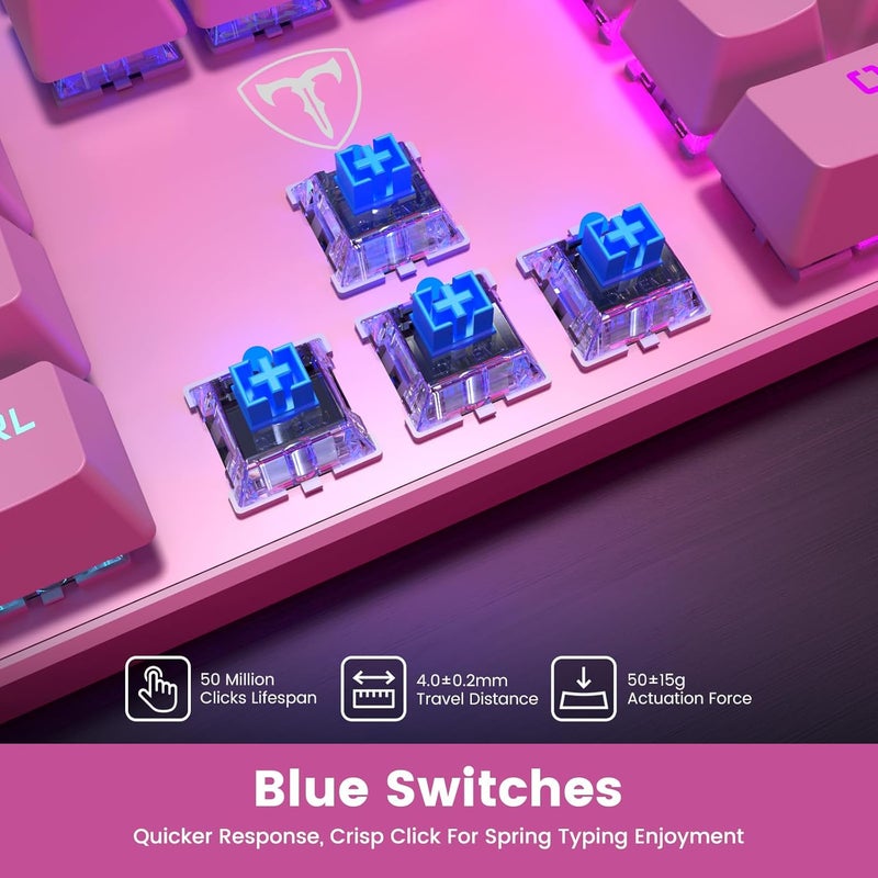 RisoPhy Mechanical Gaming Keyboard, RGB 104 Keys Ultra-Slim Backlit USB Wired Keyboard with Blue Switch, Durable ABS Keycap/Anti-Ghosting/Spill-Resistant Mechanical Keyboards for PC Mac Xbox Game,Pink - Image 3